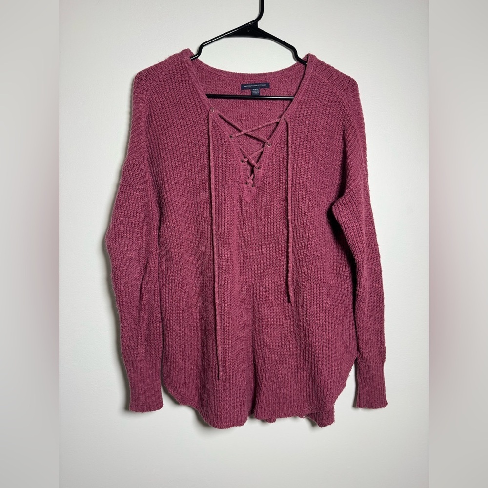 American Eagle Lace Up Sweater Women’s Medium Pink Knit Boho Pullover Cozy